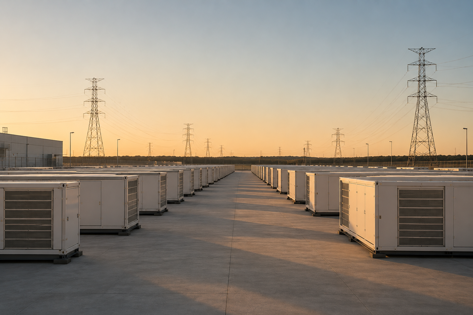 Utility-scale battery energy storage installation at sunset with transmission towers